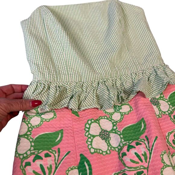 Adorable Lilly Pulitzer Strapless Seersucker Green and Pink Dress - Size 00 - Picture 16 of 16